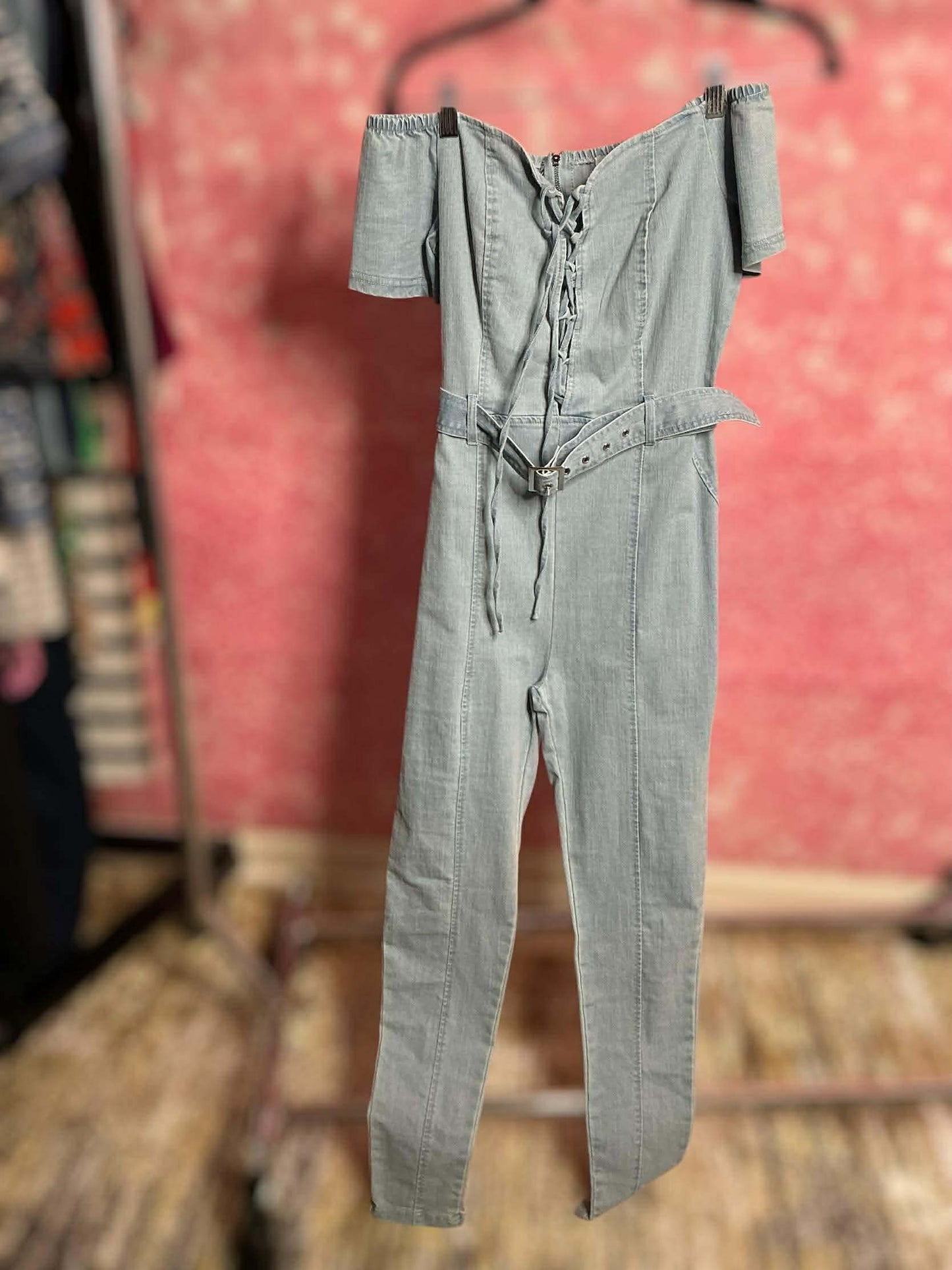 Light-Wash Denim Lace-Up Jumpsuit