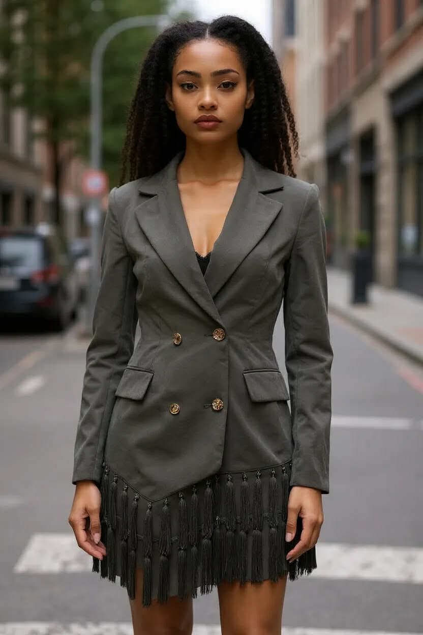 Black Double-Breasted Blazer Dress with Tassel Hem