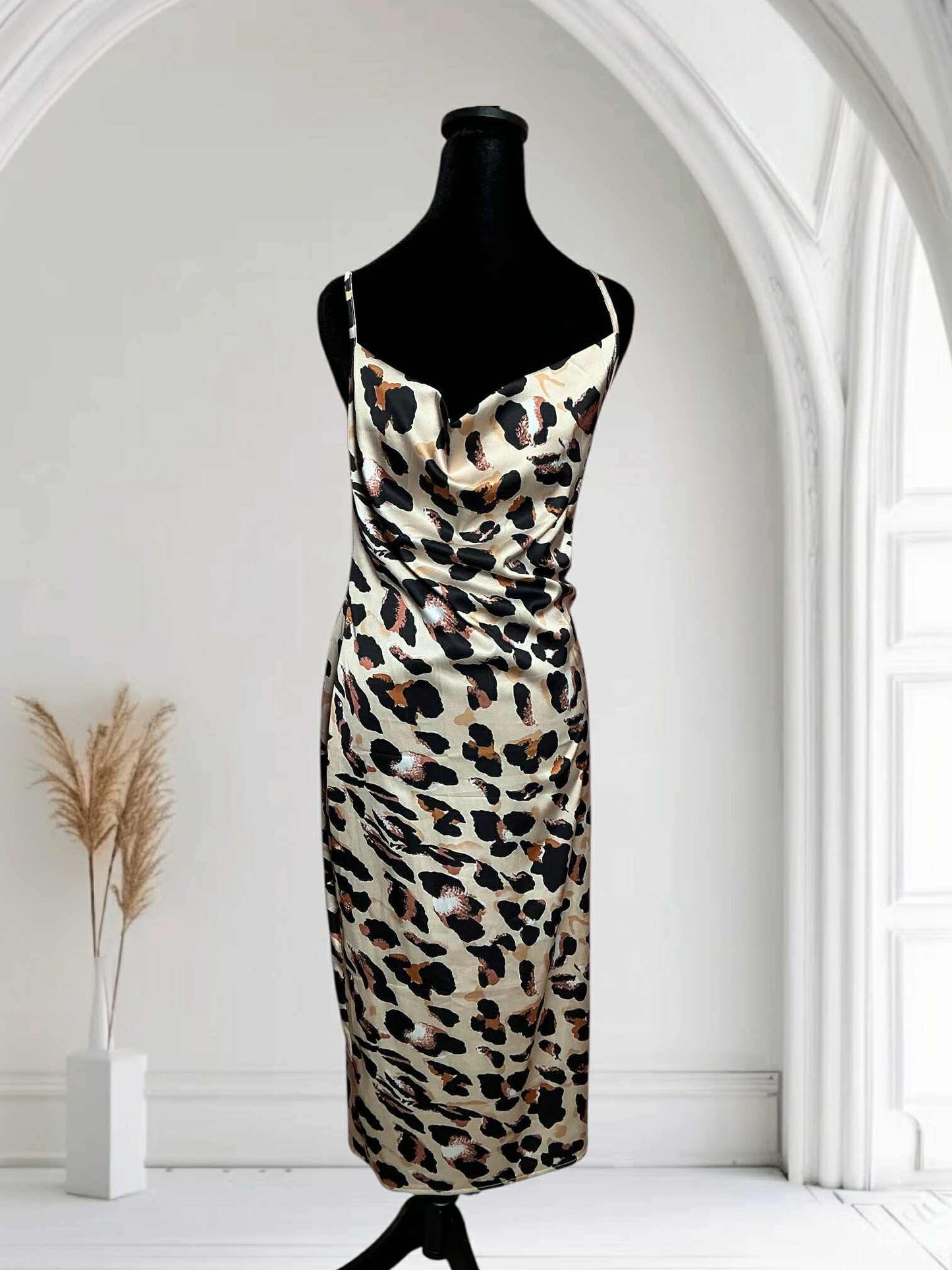Satin Leopard Slip Midi Dress