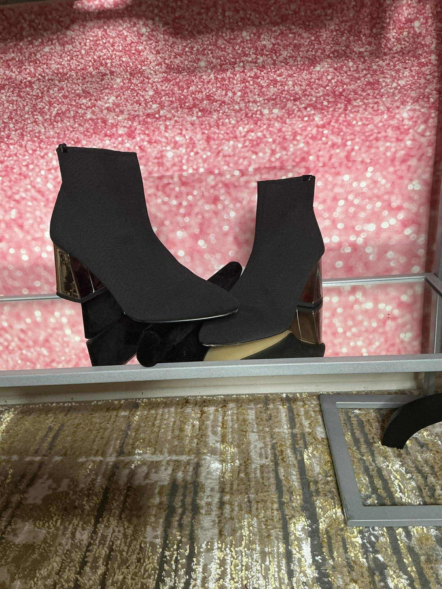 Black Stretch Ankle Booties with Metallic Heel