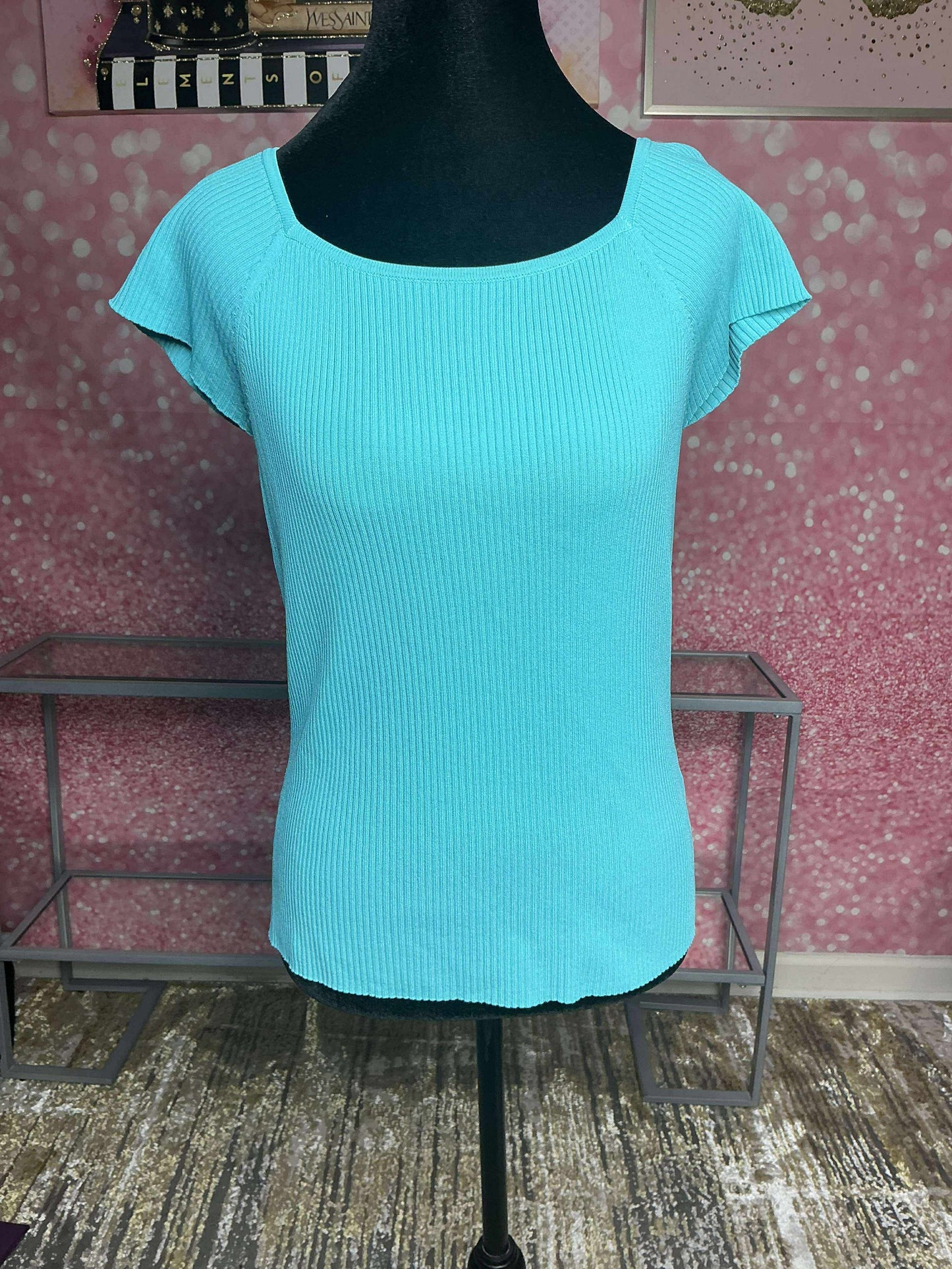 Aqua Ribbed Flutter Sleeve Top