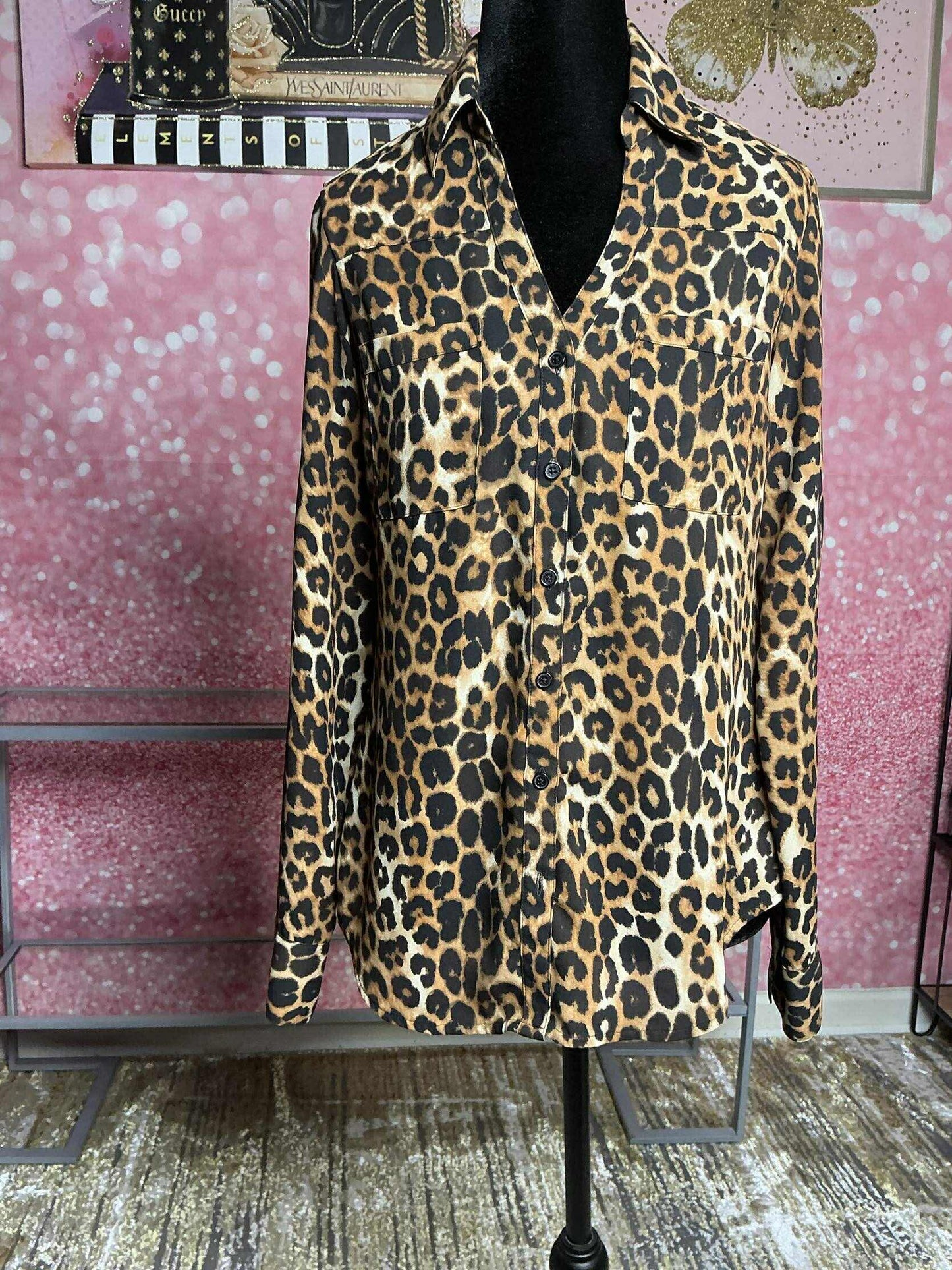 Express Leopard Print Button-Down Blouse