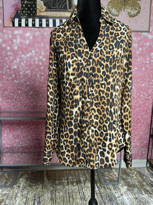 Express Leopard Print Button-Down Blouse