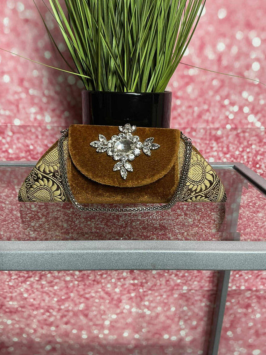 Brown Velvet & Gold Brocade Evening Clutch