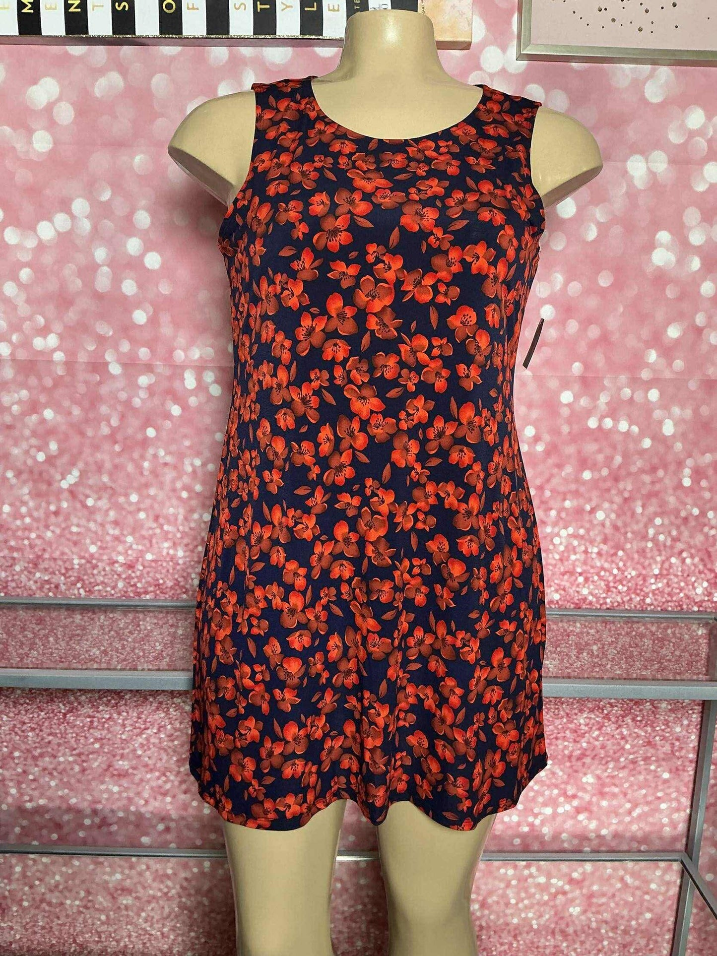 Navy & Red Floral Sleeveless Dress