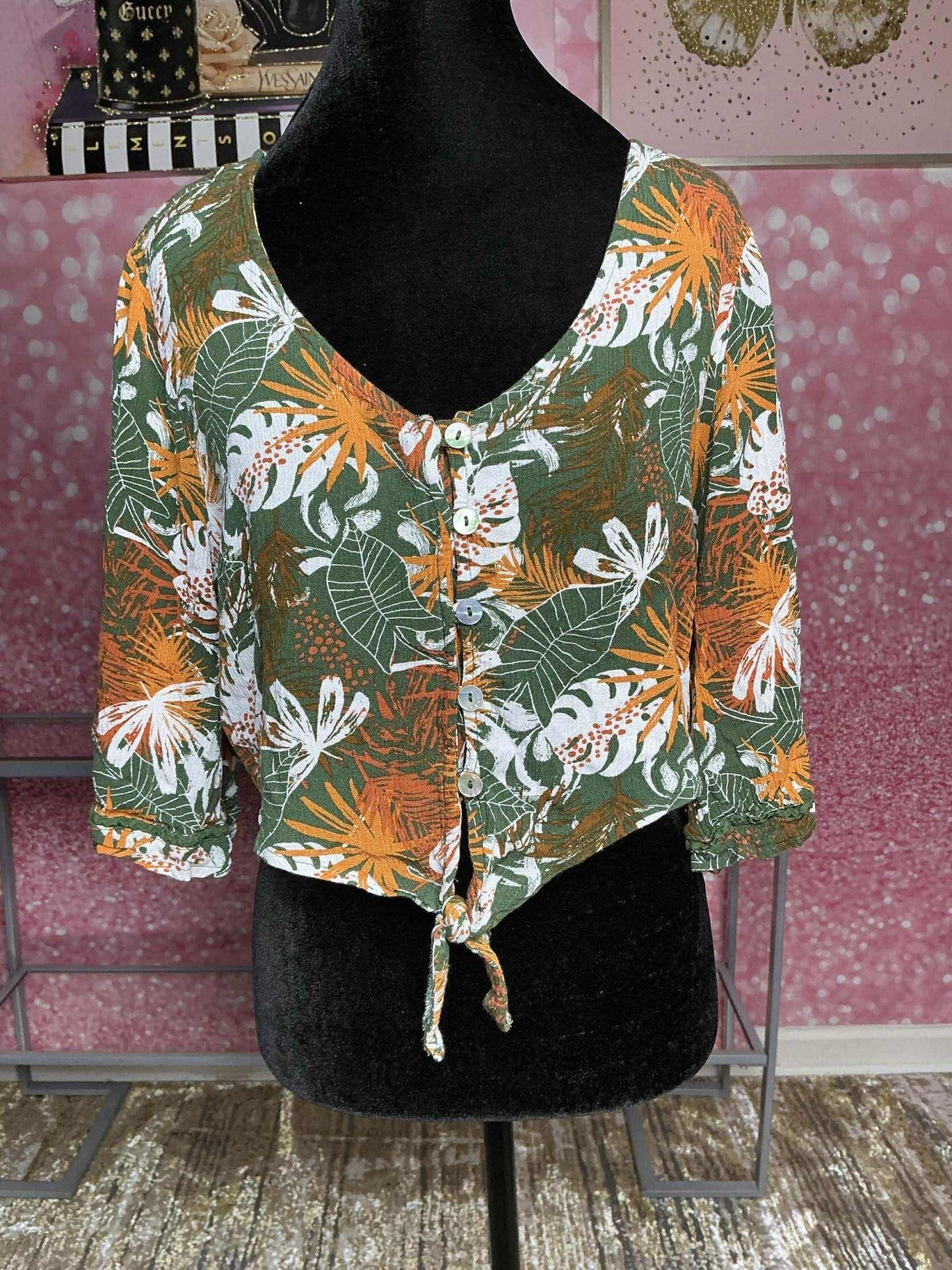 Oversized Tropical Button-Tie Crop Top