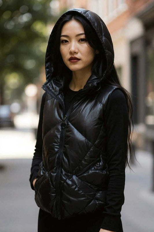 Sleek Black Quilted Puffer Vest with Hood