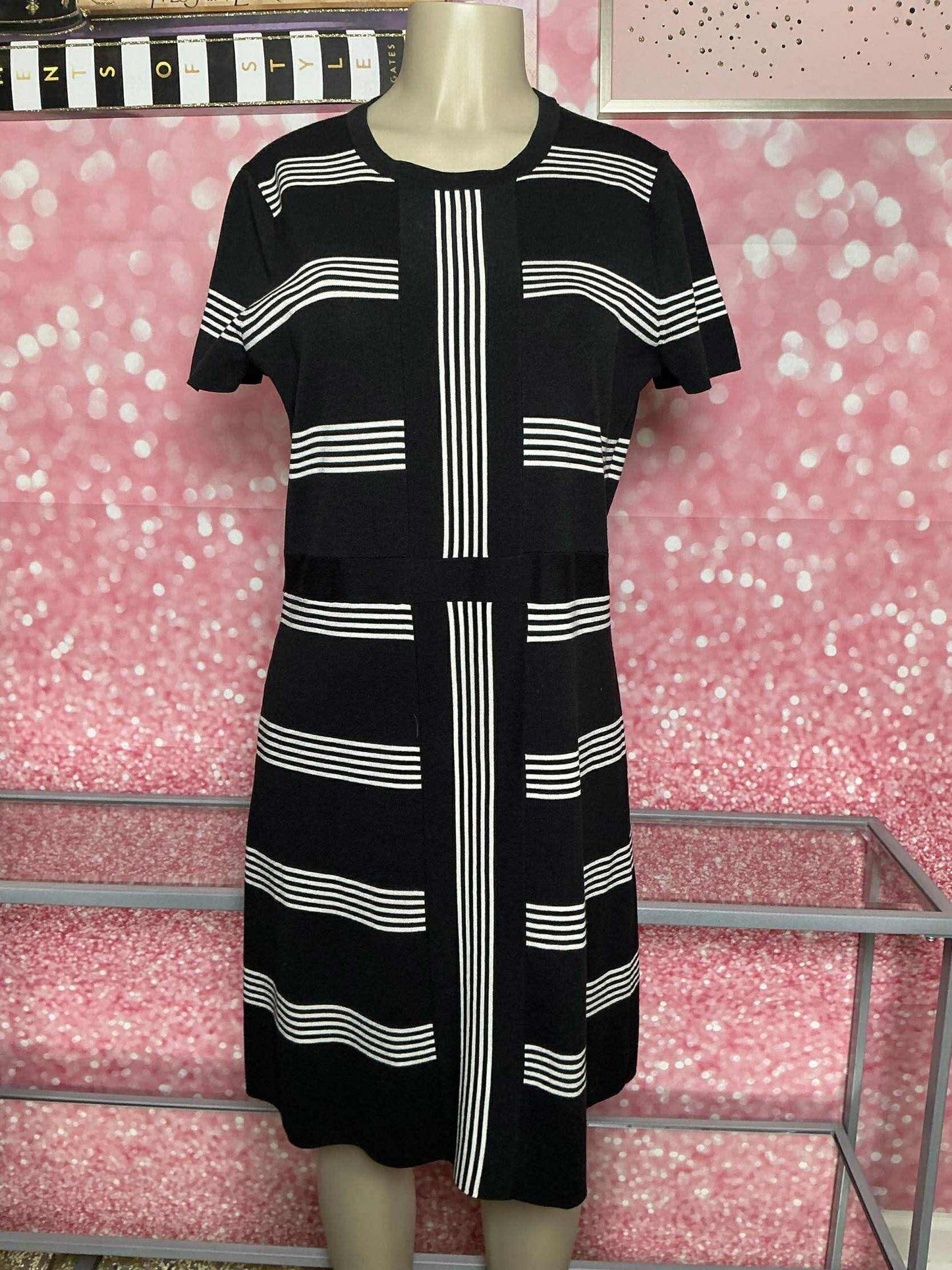 Anne Klein Black & White Geometric Stripe Dress