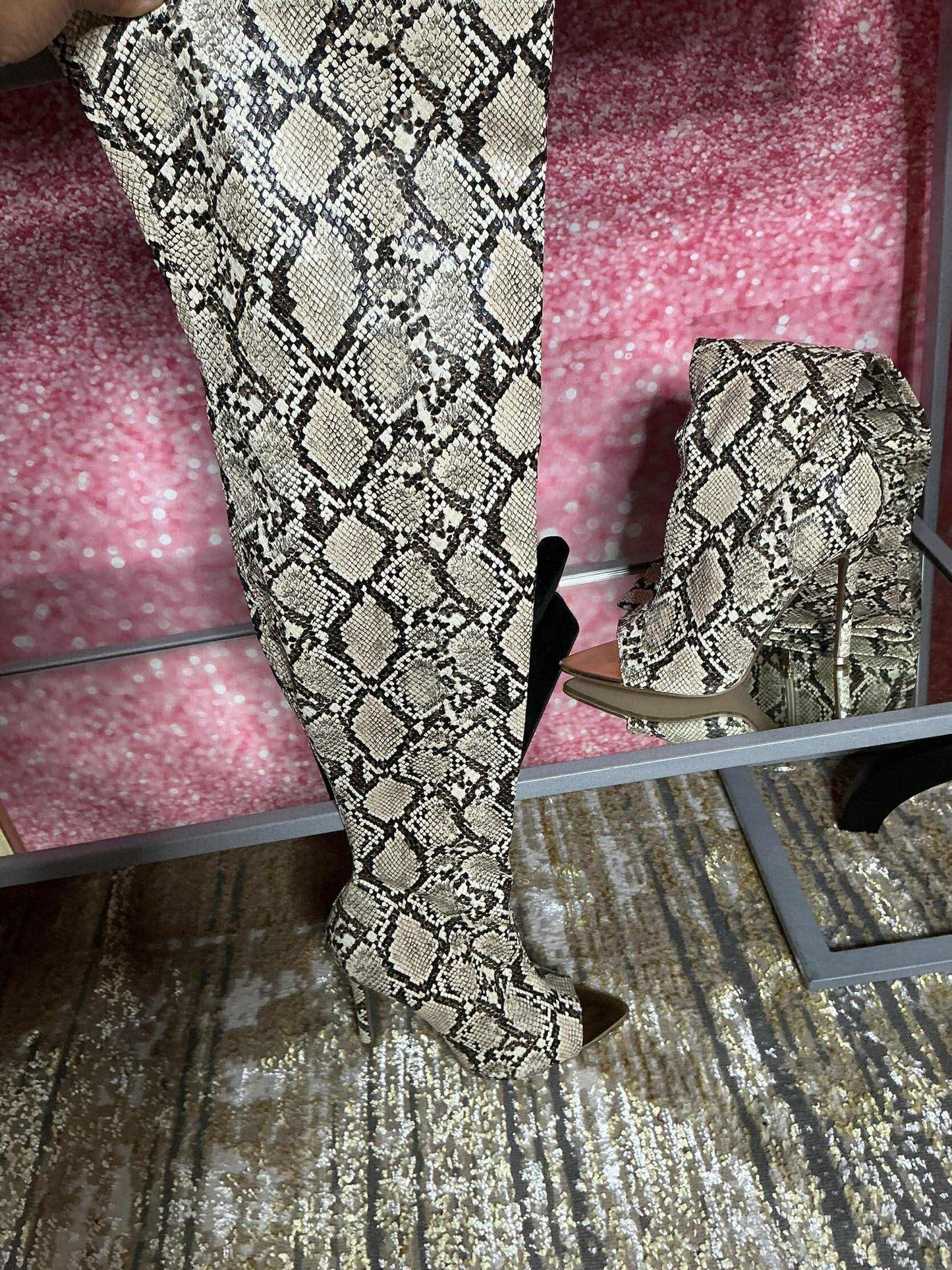 Snakeskin Over-the-Knee Pointed Toe Stiletto Boots
