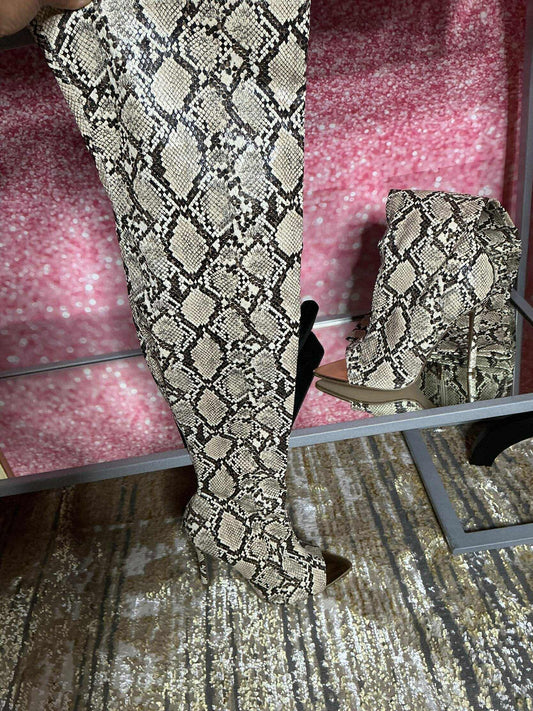 Snakeskin Over-the-Knee Pointed Toe Stiletto Boots